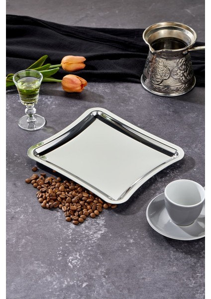 Elegante Square Serisi Krom Sunum Tepsisi, Söz Nişan Tepsisi, 22CM, Avangart Dizayn, Tek Adet
