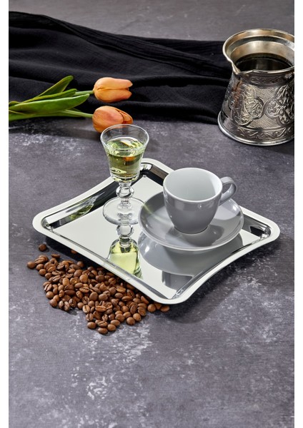 Elegante Square Serisi Krom Sunum Tepsisi, Söz Nişan Tepsisi, 22CM, Avangart Dizayn, Tek Adet
