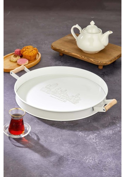 Dekoratif Metal Tepsi, Ahşap Kulp, Özel Desenli ve Mat Boya, 37CM
