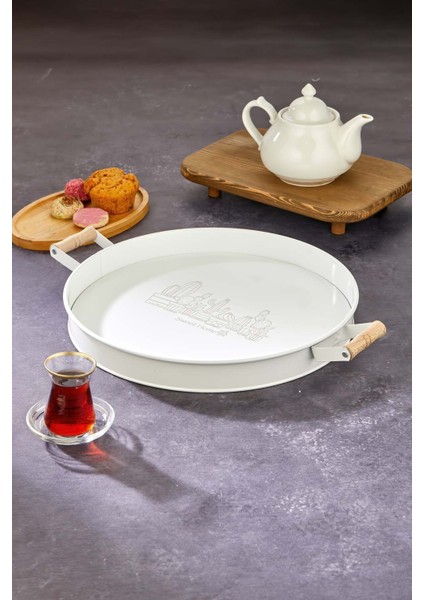 Dekoratif Metal Tepsi, Ahşap Kulp, Özel Desenli ve Mat Boya, 37CM