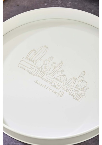 Dekoratif Metal Tepsi, Ahşap Kulp, Özel Desenli ve Mat Boya, 37CM