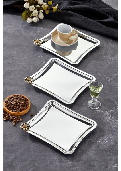 Elegante Square Serisi, Fiore Nero Kulp Desenli Krom Sunum Söz Nişan Tepsisi, 22X22CM, 3 Adet