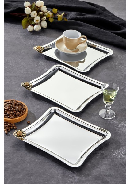 Elegante Square Serisi, Fiore Nero Kulp Desenli Krom Sunum Söz Nişan Tepsisi, 22X22CM, 3 Adet