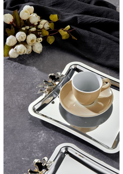 Elegante Square Serisi, Duo Luna Nera Kulp Desenli Krom Sunum Söz Nişan Tepsisi, 22CM, 3 Adet