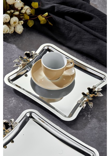 Elegante Square Serisi, Duo Luna Nera Kulp Desenli Krom Sunum Söz Nişan Tepsisi, 22CM, 3 Adet