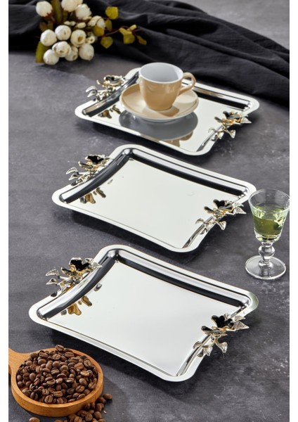 Elegante Square Serisi, Duo Luna Nera Kulp Desenli Krom Sunum Söz Nişan Tepsisi, 22CM, 3 Adet