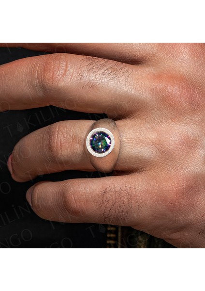 925 Ayar Gümüş Yuvarlak Mistik Topaz Taşlı Sade Erkek Yüzük