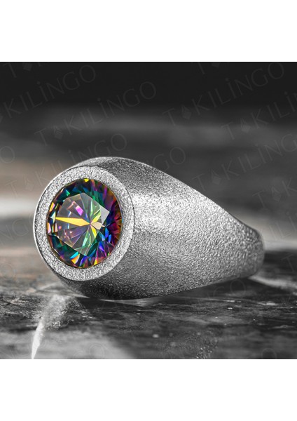 925 Ayar Gümüş Yuvarlak Mistik Topaz Taşlı Sade Erkek Yüzük modelleri