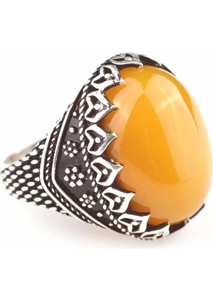 925 Ayar Gümüş Kehribar Taşlı Oval Erkek Yüzük fiyatları