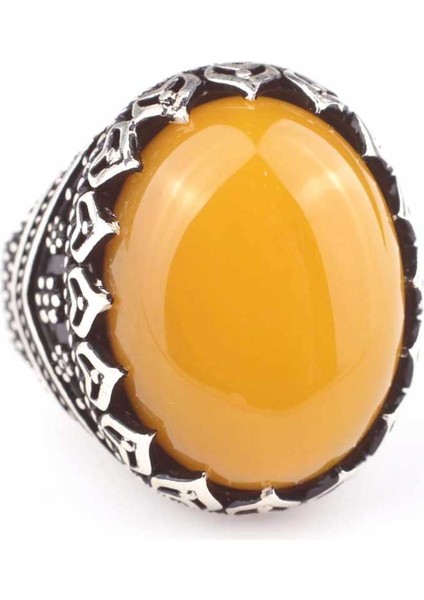 925 Ayar Gümüş Kehribar Taşlı Oval Erkek Yüzük fırsatları