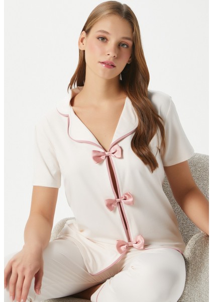 Kadın Julia Ekru Fiyonklu Alt Üst Pijama Takımı