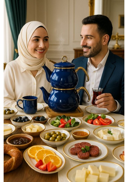 Lacivert emaye çaydanlık ve nihale seti, şık ve kullanışlı hediye seçeneği