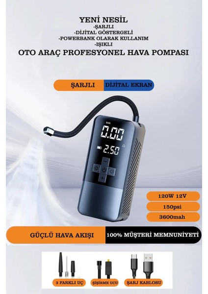 Şarjlı Taşınabilir Dijital Büyük Ekran Lastik Şişirme Pompası Kompresörü Işıklı 150PSI 3600MAH