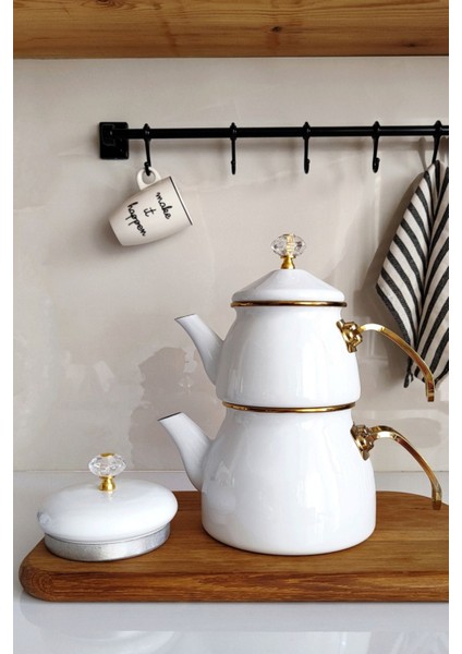 Beyaz Emaye Çaydanlık Takımı, Desenli ve Şık Set, 3,4 L kapasite