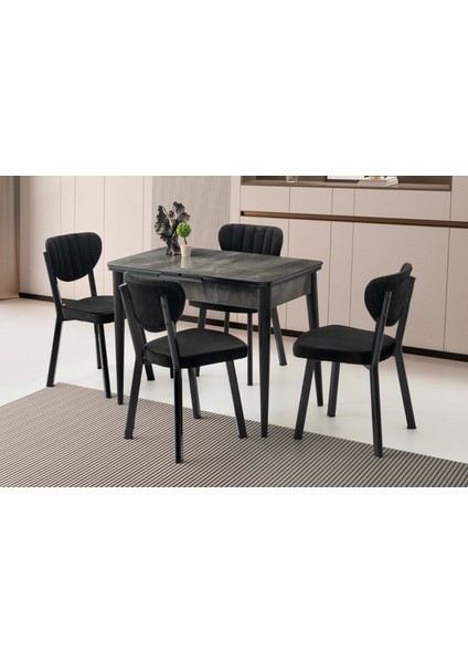 Kelebek Ahşap Salon Yemek Masa Sandalye Takımı Esinti 4 Sandalyeli Ortadan Açılır Büyüyen Mermer Desen 90 x 160 cm