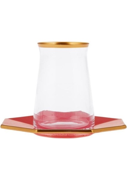 Sekizgen 12 Parça Kırmızı Çay Takımı, 6 Kişilik, Şık ve Zarif Tasarım