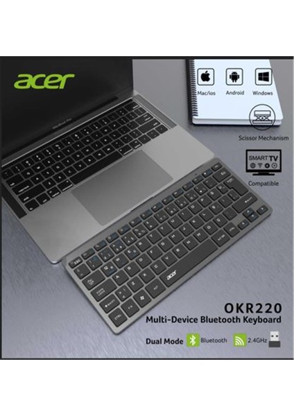 Acer OKR220 Siyah Multidevice Dual Mode 2.4ghz Bluetooth Klavye (Smart Tv)(Android)