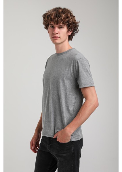 Bisiklet Yaka Gri Melanj Basic Likralı Slim Fit 24SSM20339