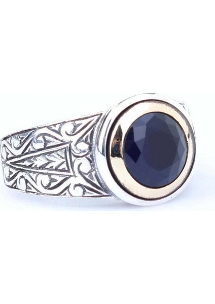 925 Ayar Gümüş Ve Bronz Karışımı Safir Taşlı Erkek Yüzük