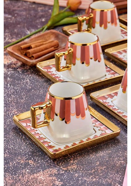 Yaldızlı 6'lı 180 ml Neskafe Fincan Takımı – Kare Tabaklı Lüks Porselen Büyük Kahve Fincanı – Modern Hediyelik Set