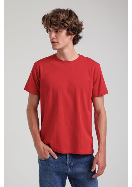 Bisiklet Yaka Kırmızı Basic Likralı Slim Fit 24SSM20339