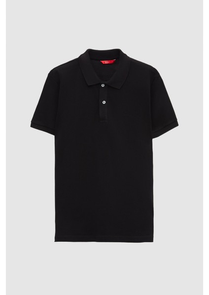 Regular Fit Siyah Pike Dokulu %100 Pamuk Kıvrılmaz Polo Yaka Nakışlı T-shirt 4HC14ORT51000 indirimleri