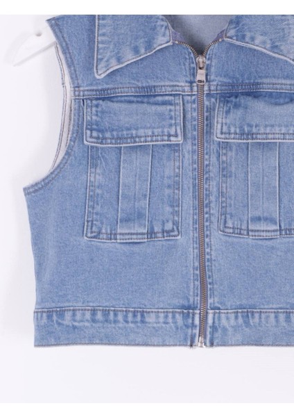 Kolsuz Kısa Boy Cepli ve Astarsız Fermuar Kapamalı Kadın Kot Yelek (1 Parça) Açık Mavi Dört Mevsim indirimleri