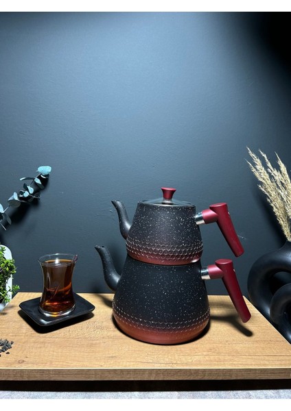 Şık Çift Renk Granit Çaydanlık Takımı, Kızıl Renkli ve Dayanıklı Tasarım