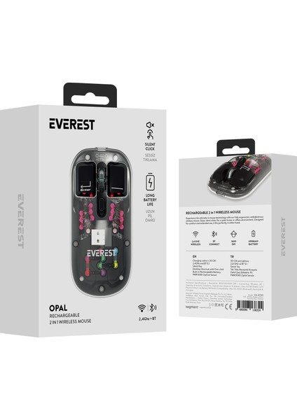 SM-BT89 Opal Şarj Edilebilir Sessiz Siyah Transparan Rgb 2in1 2bt ve 2.4ghz Kablosuz Mouse