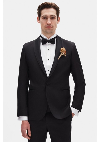 Slim Fit Siyah Armürlü Smokin Takim Elbise