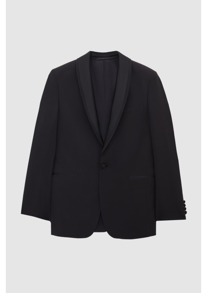 Slim Fit Siyah Armürlü Smokin Takim Elbise