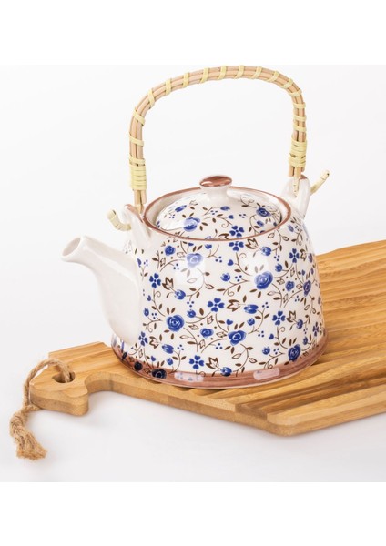 Hasır Saplı Porselen Demlik Çiçek Desenli, 900 ml Çay , Kahve , Bitki Çayı Sunum