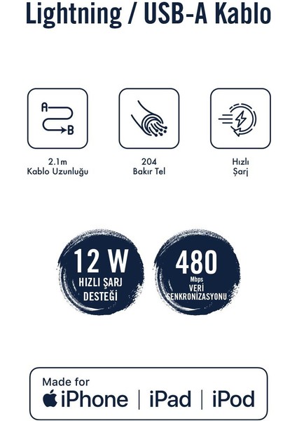 C65 Mfı Lightning To Usb-A 12W Örgülü Hızlı Şarj ve Data Kablosu 2.1m (3 Adet)