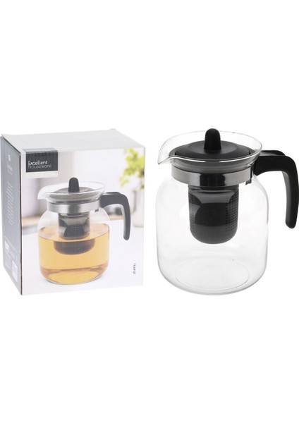 Şeffaf cam demlik, siyah kapak, 1500 ml, şık ve kullanışlı tasarım