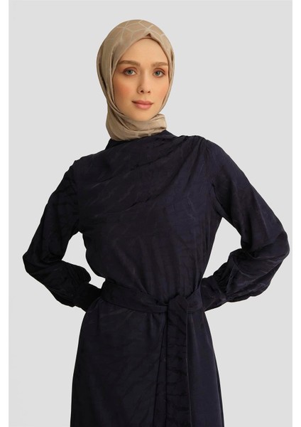 Desenli Saten Elbise 25YT920 Lacivert