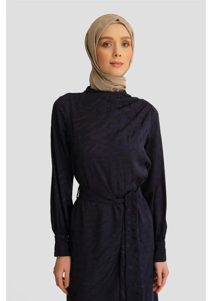 Desenli Saten Elbise 25YT920 Lacivert