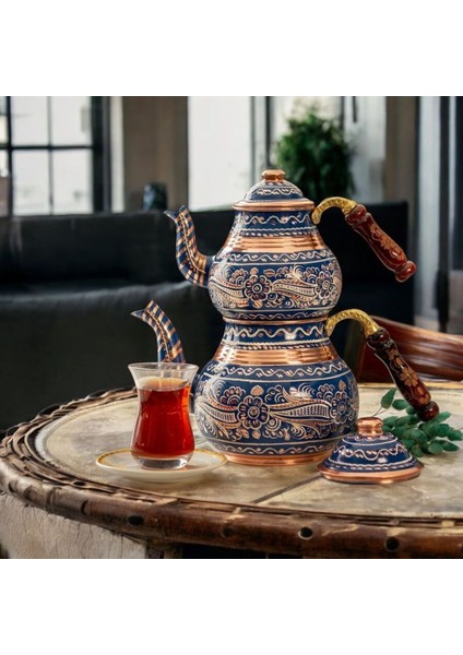 Bakır ve mavi işlemeli şık demlik ve çaydanlık seti, 2,8 L hacim