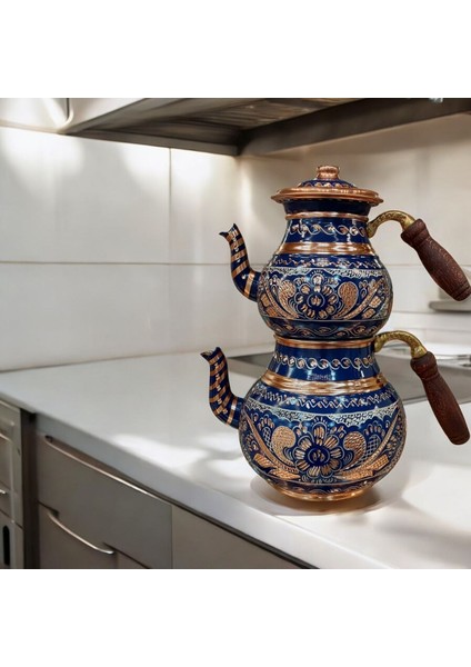 Bakır ve mavi işlemeli şık demlik ve çaydanlık seti, 2,8 L hacim fiyatları
