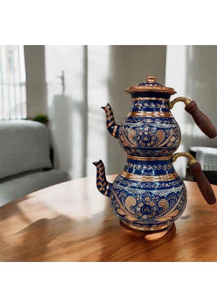 Bakır ve mavi işlemeli şık demlik ve çaydanlık seti, 2,8 L hacim modelleri