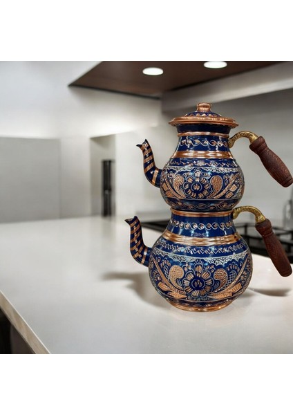 Bakır ve mavi işlemeli şık demlik ve çaydanlık seti, 2,8 L hacim fırsatları