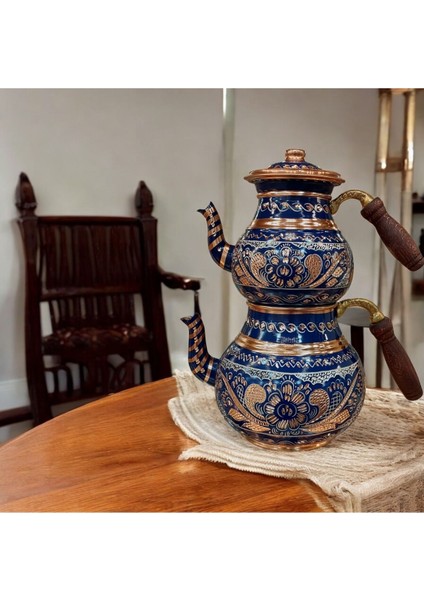Bakır ve mavi işlemeli şık demlik ve çaydanlık seti, 2,8 L hacim indirimleri