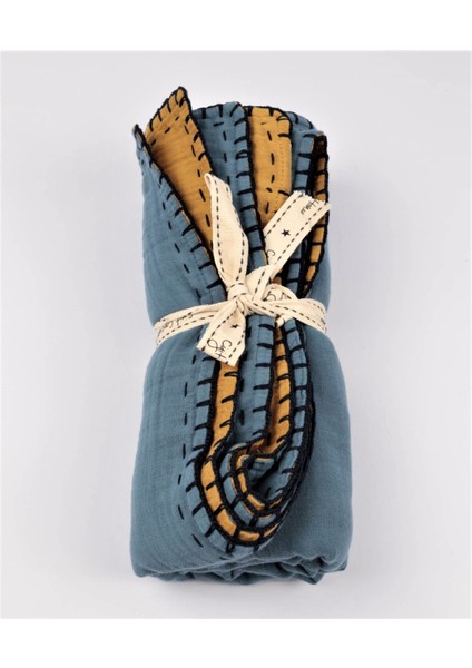 Müslin Çift Taraflı El İşili Bebek Battaniye (Yıkanmıştır) 100X100 cm Hardal İndigo