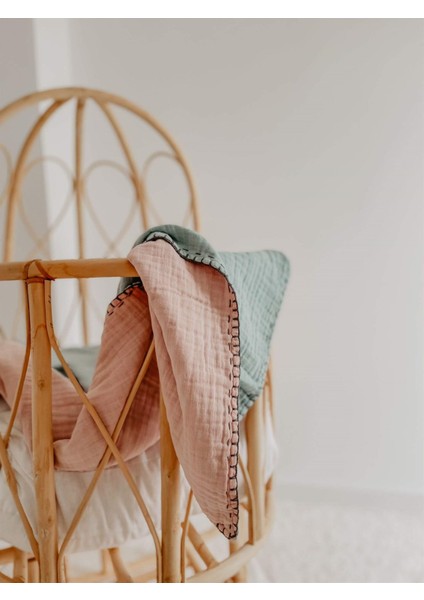 Müslin Çift Taraflı El İşili Bebek Battaniye (Yıkanmıştır) 100X100 cm Mint Pudra