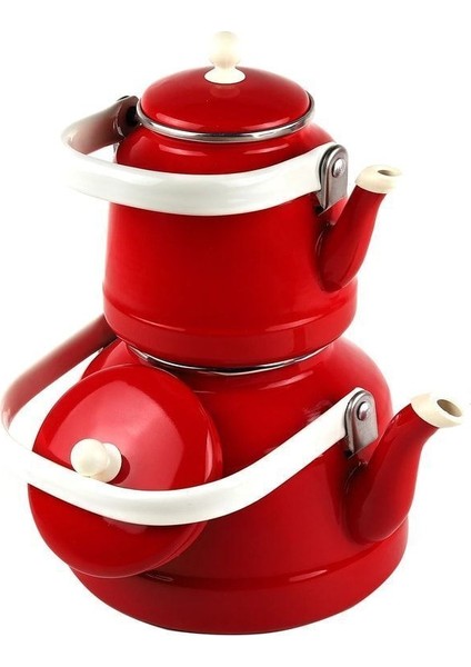 Kırmızı Emaye Çinko Vintage Çaydanlık, Üstten Saplı, Çift Kapaklı, 2,5 L