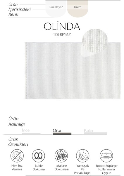 Olinda 1101 Beyaz Yolluk Bukle Yatak Odası Halı Uzun Antre Hol Koridor Halısı Iskandinav Kesme Halı