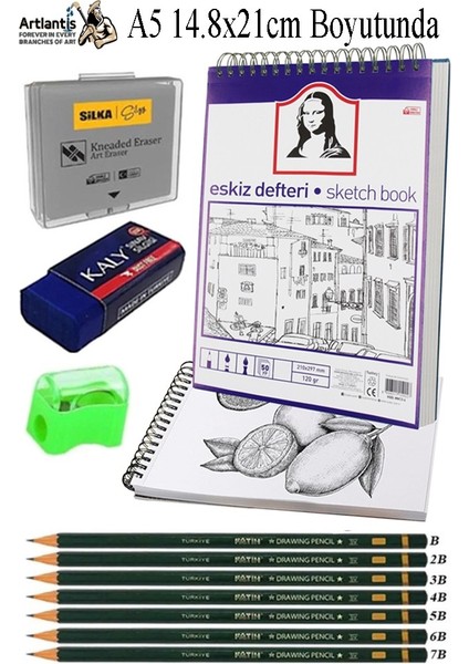 A5 Telli Eskiz Defteri Spralli 50 Yaprak Karakalem Çizim Seti Fatih Dereceli Kalem Hamur Silgi Sınav Silgisi Kalemtraş