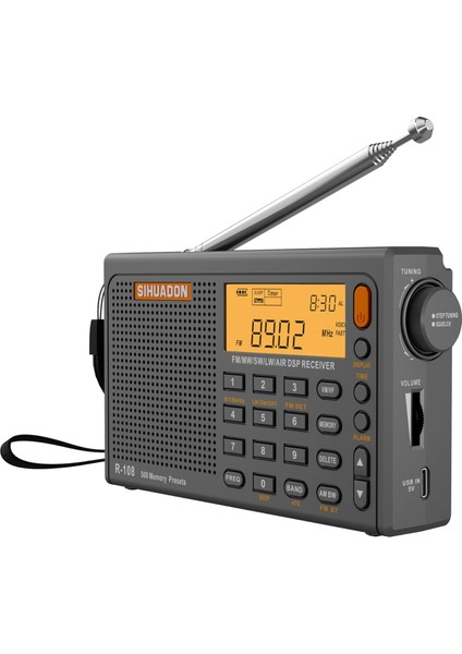 Sıhuadon R108 Kısa Dalga Am Fm Radyo Lw Mw Aır Band Dsp Tam Bant Taşınabilir Radyo Pil Uyku Zamanlayıcısı ile Çalışır Çalar Saat 500 Hatıra Önceden Ayarlanmış Istasyonlar Radıwow Tarafından (Gri)