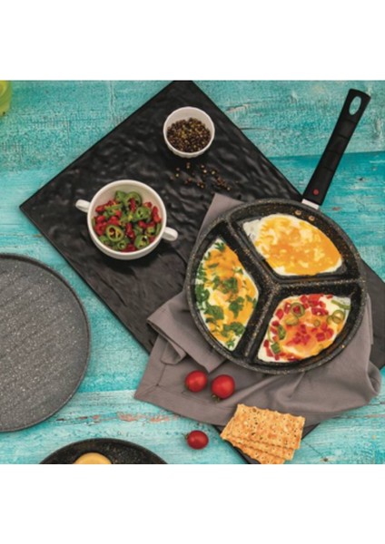 3 Gözlü Tava 24 Cm, Yumurta Omlet Krep 3 Bölmeli Non-Stick Tava
