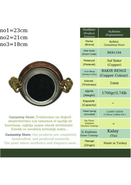 By Bilal Dövme Bakır Tava Seti 3 Lü