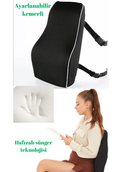 Visco Bel Yastığı Sırt Minderi Ortopedik Bel Minderi Ortopedik Sırt Yastığı %100 Visco Destek Minderi Ergonomik Yastık Siyah Renk Kılıflı ve Fermuarlı Bel Yastığı